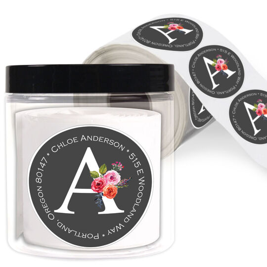 Charcoal Initial Rose Round Address Labels in a Jar